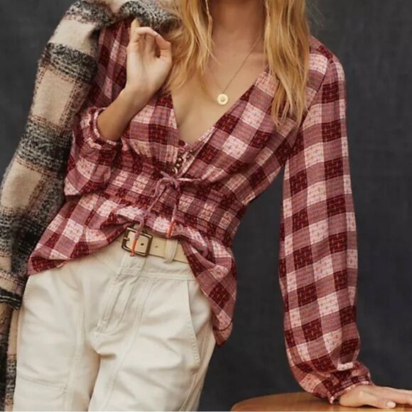 NWT Anthropologie Pilcro Deep-V Neck
Plaid Blouse Top Size L - Picture 1 of 10